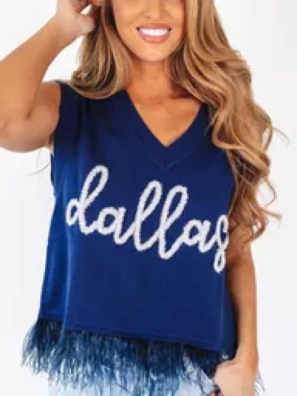 QUEEN OF SPARKLES Navy Star Dallas Cowboys Fringe Sweater tank
